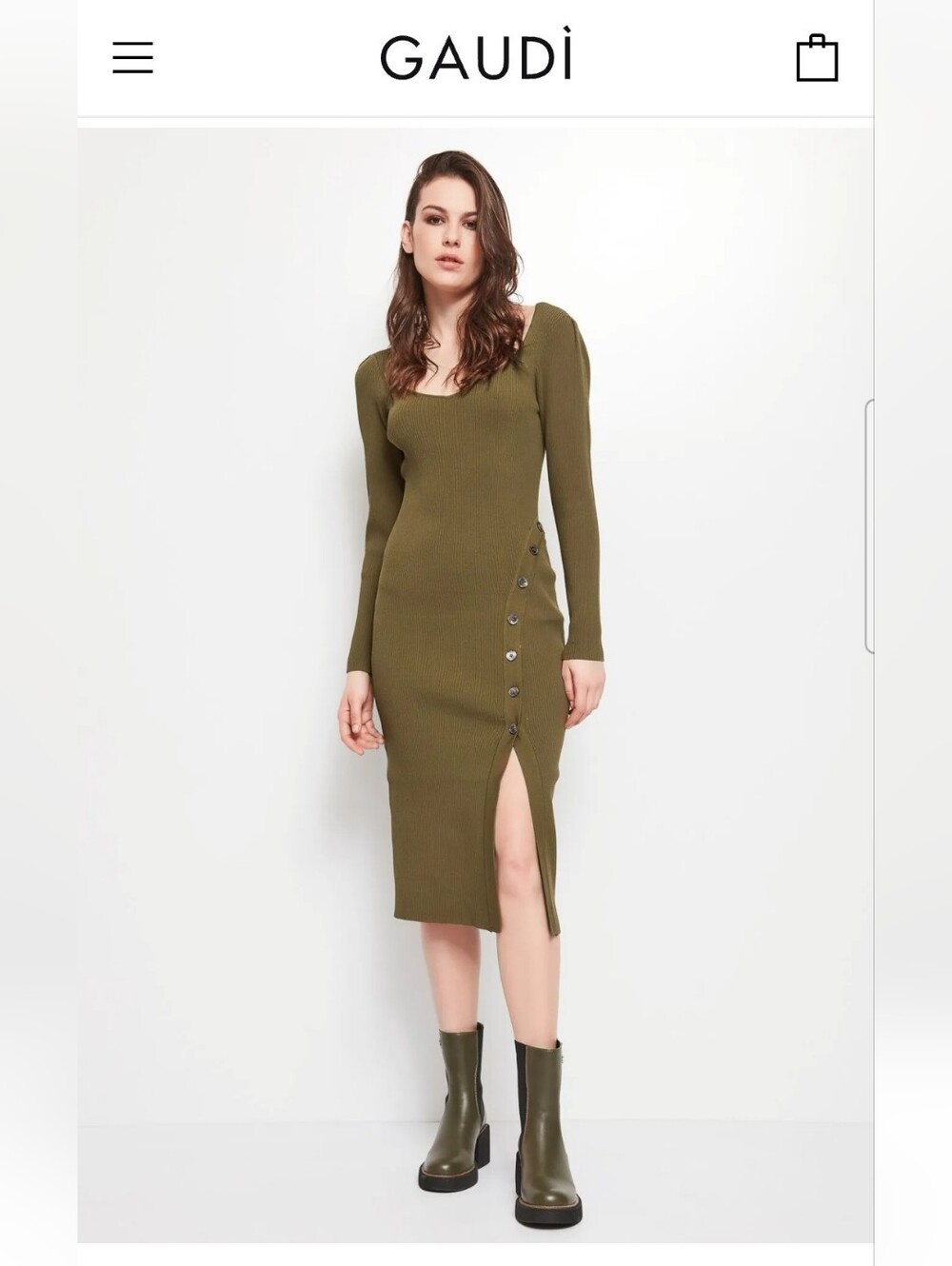 Gaudi - Italian Olive Midi Bodycon Dress - Ribbed V-Neck Button Accents